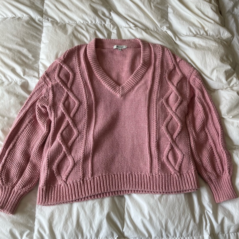 Madewell Pink V-Neck Cable Knit Sweater